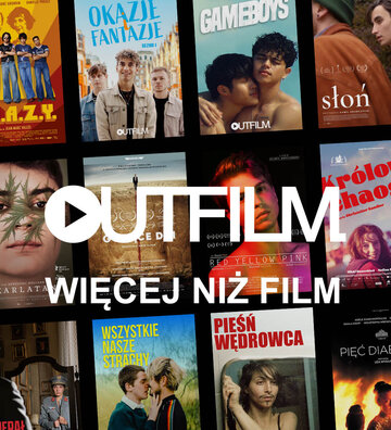 Mozaika plakatów filmowych z logiem OUTfilm i hasłem WIĘCEJ NIŻ FILM